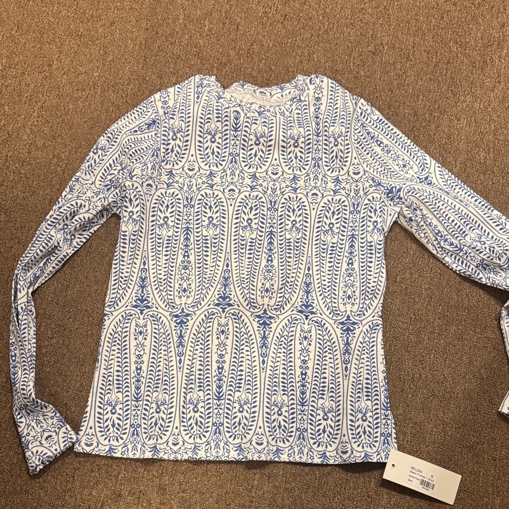 Chic Blue and White Patterned Long Sleeve Women's Top